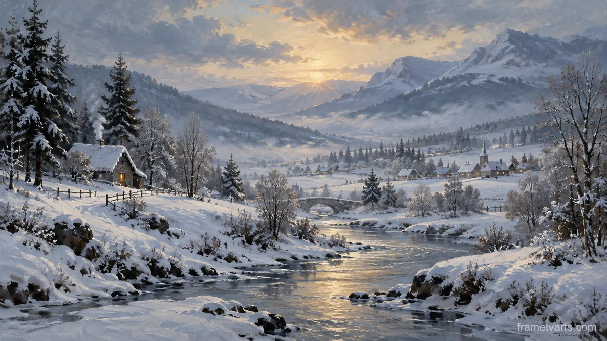 Snowfall in the Valley – tonal oil painting Samsung Frame TV art, 4K