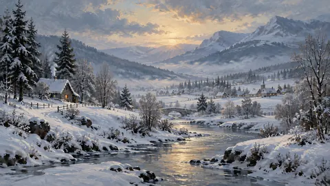 Winter Frame TV art – Snowfall in the Valley, tonal oil painting