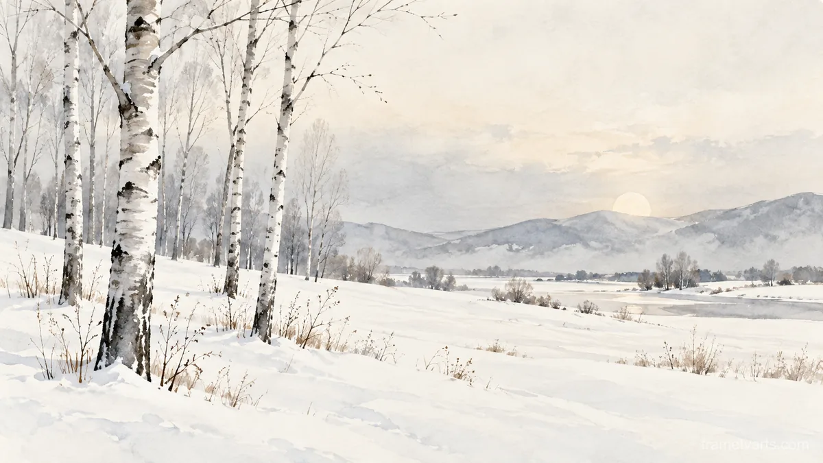 Birches in Winter Light – minimal watercolor Samsung Frame TV art, 4K