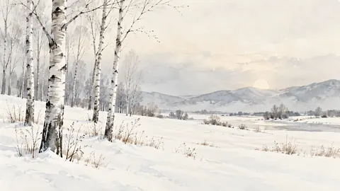Watercolor Frame TV art – Birches in Winter Light, minimal watercolor