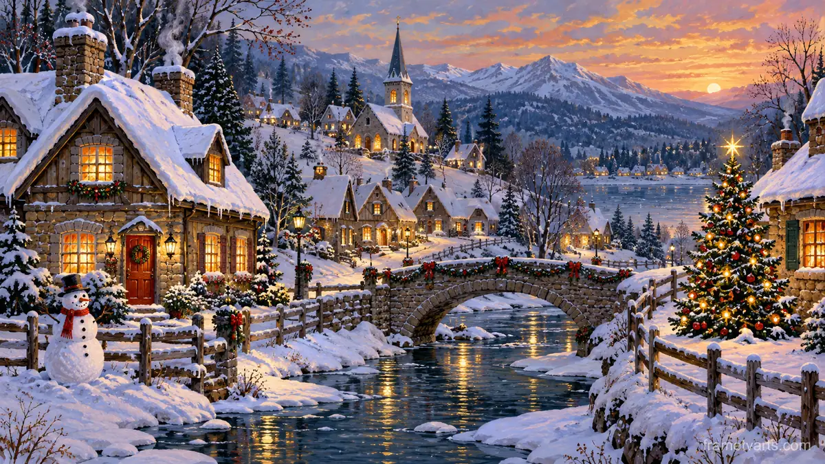 Christmas Village at Blue Hour – folk painting Samsung Frame TV art, 4K