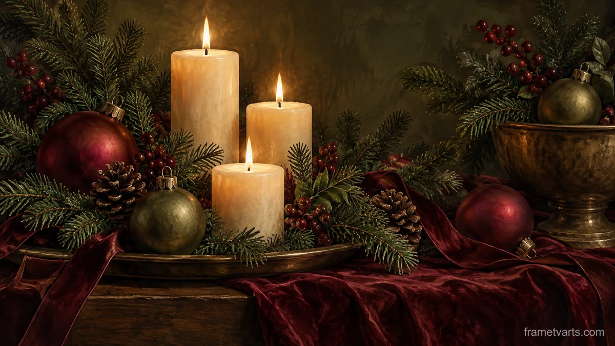 Evergreen and Candlelight – painterly still life Samsung Frame TV art, 4K