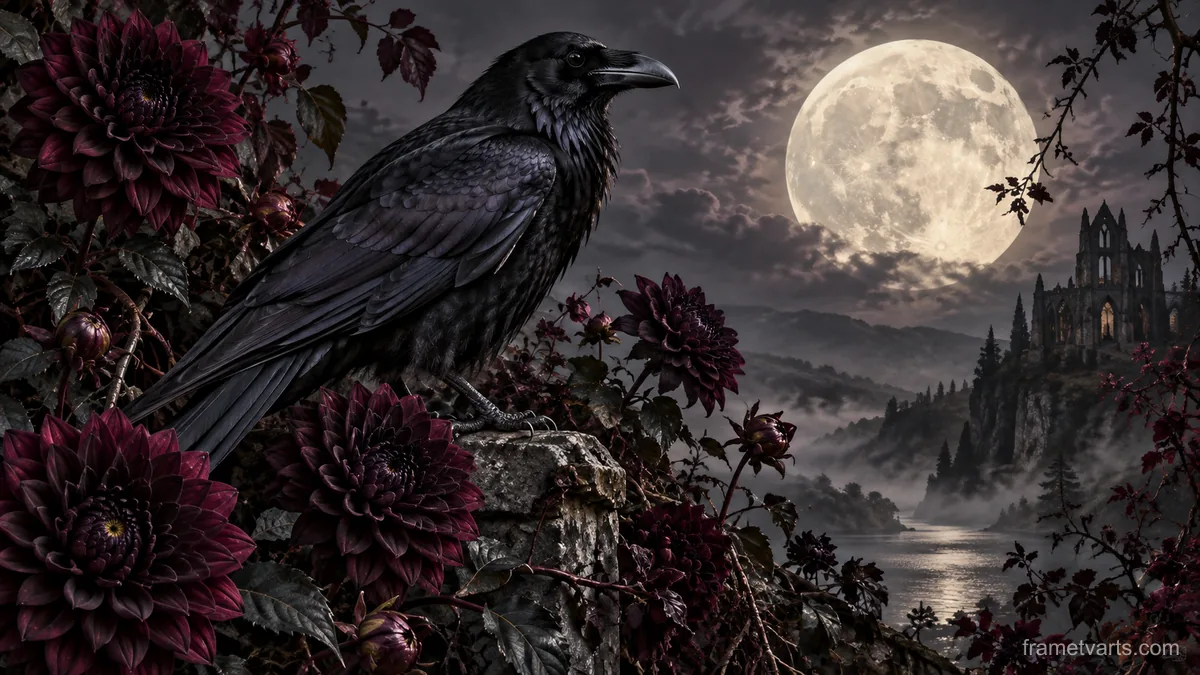 Moonlit Raven Garden – gothic botanical Samsung Frame TV art, 4K