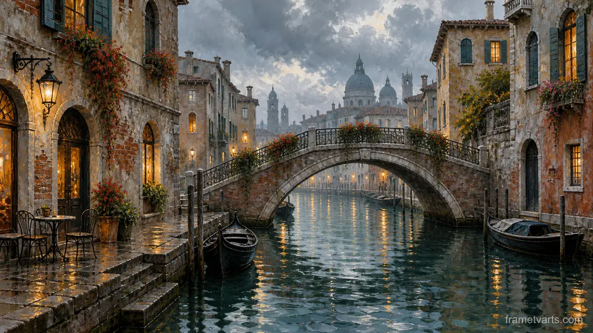 Rain on the Old Canal – urban oil painting Samsung Frame TV art, 4K