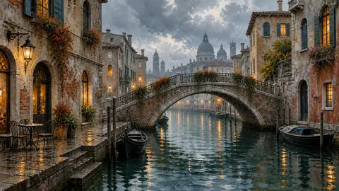 Rain on the Old Canal – urban oil painting Frame TV art