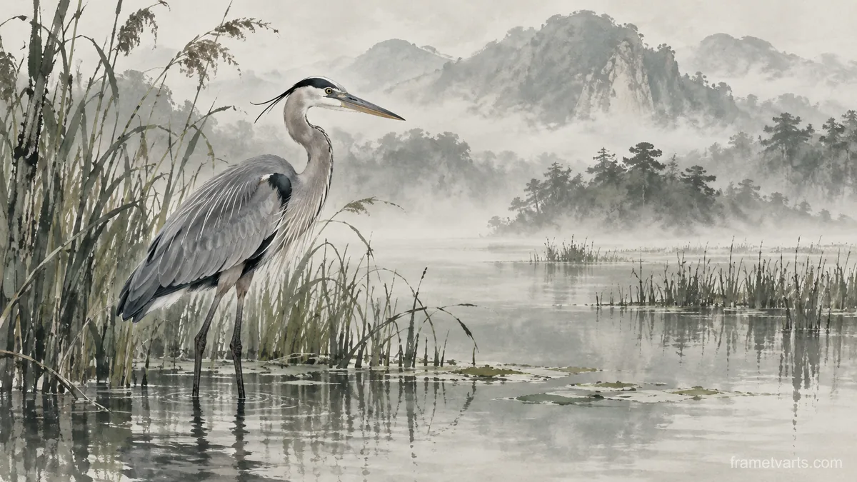 Heron in the Reeds – ink and wash Samsung Frame TV art, 4K