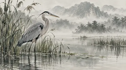 Wildlife Frame TV art – Heron in the Reeds, ink and wash