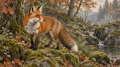 Fox at the Forest Edge – naturalist gouache Frame TV art