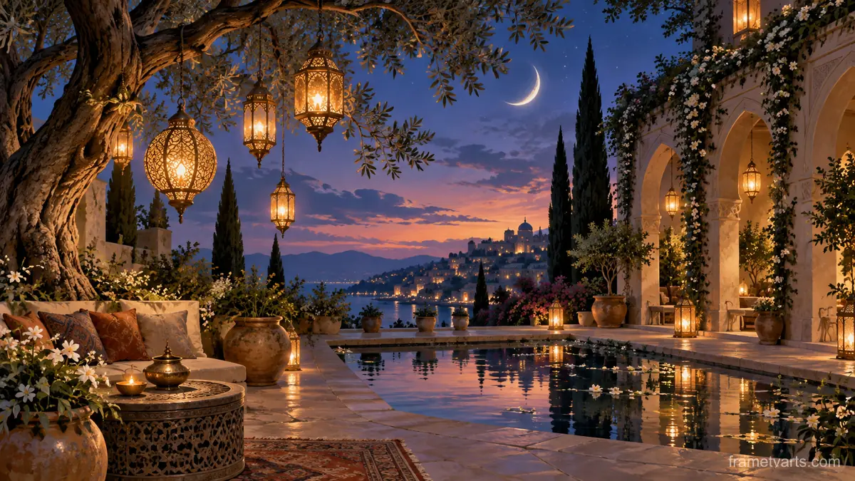 Lanterns at Twilight – luminous painterly illustration Samsung Frame TV art, 4K