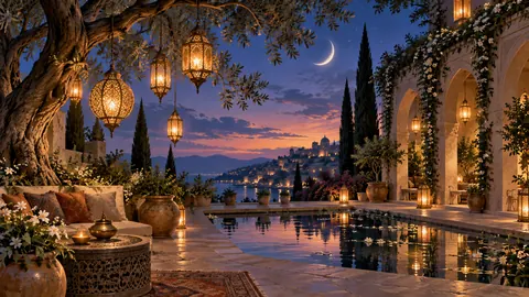 Lanterns at Twilight – luminous painterly illustration Frame TV art