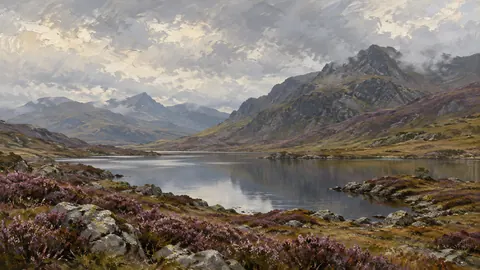 Highland tarn beneath heather slopes – tonal oil painting Frame TV art