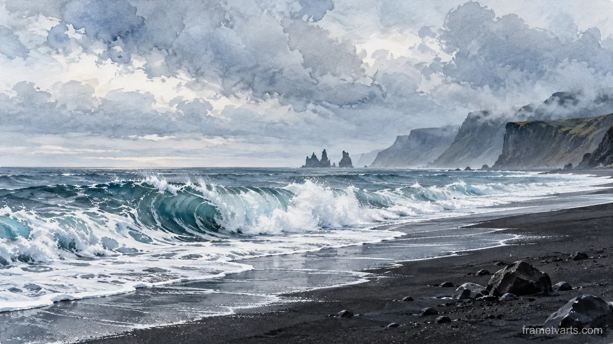 White surf curling onto black volcanic sand – coastal watercolor Samsung Frame TV art, 4K