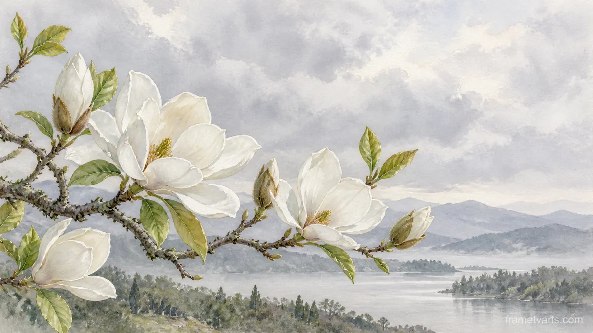 White magnolia branch with unfurling leaves – botanical watercolor Samsung Frame TV art, 4K