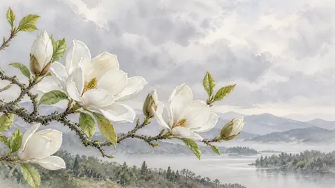 Free White magnolia branch with unfurling leaves – botanical watercolor Frame TV art