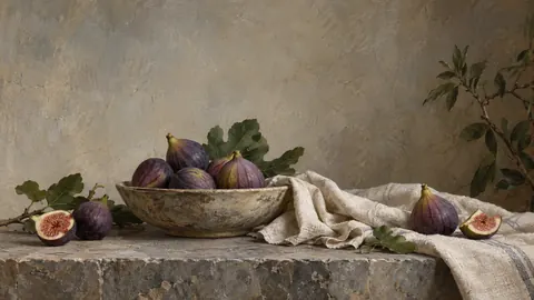 Still life Frame TV art – Figs and a linen napkin on a stone table, classical oil still life