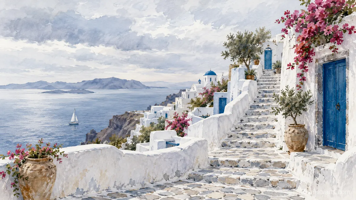 Whitewashed island steps with blue doors – architectural watercolor Samsung Frame TV art, 4K