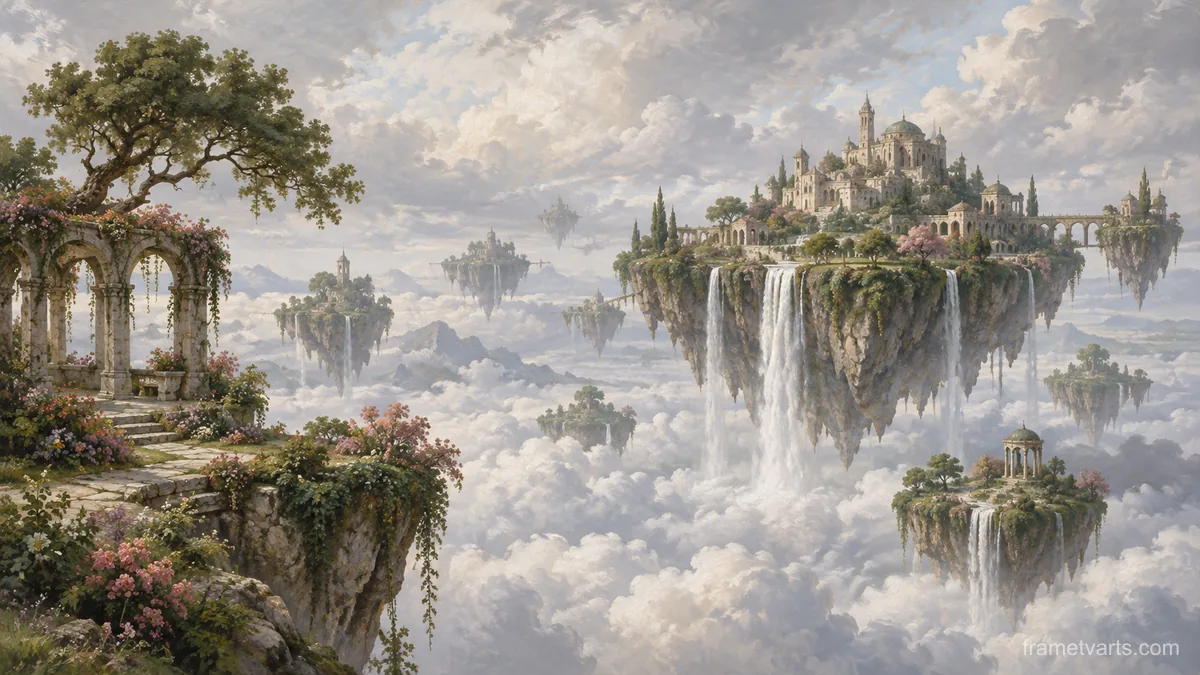 Floating garden islands over a cloud sea – magical realist oil painting Samsung Frame TV art, 4K