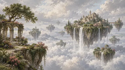 Floating garden islands over a cloud sea – magical realist oil painting Frame TV art