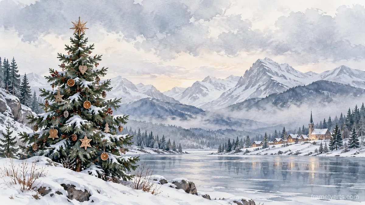 Christmas evergreen with handmade-looking plain ornaments – elegant watercolor Samsung Frame TV art, 4K