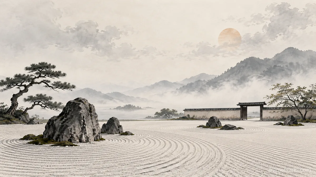 Quiet zen rock garden with carefully raked sand – minimal ink and wash Samsung Frame TV art, 4K