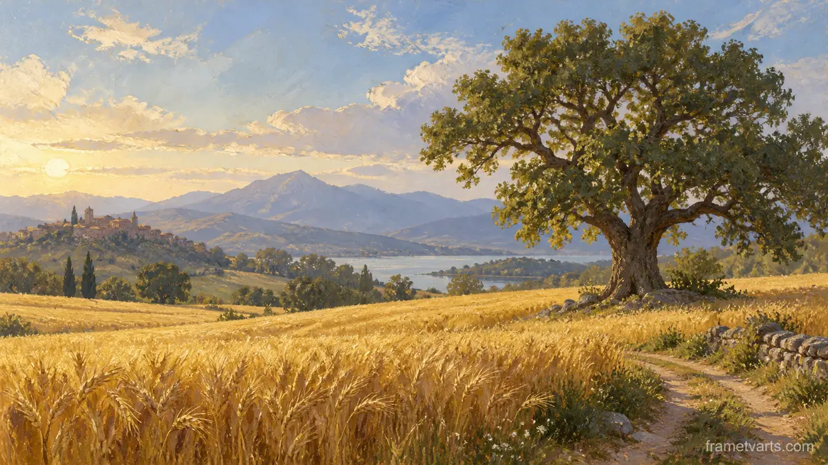 Golden wheat field and lone oak – tonal oil painting Samsung Frame TV art, 4K
