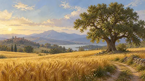 Free Golden wheat field and lone oak – tonal oil painting Frame TV art