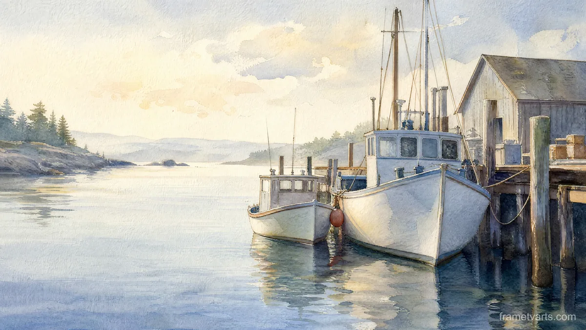 Fishing boats beside a quiet wooden jetty – coastal watercolor Samsung Frame TV art, 4K