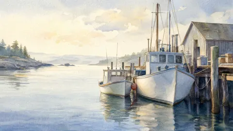 Fishing boats beside a quiet wooden jetty – coastal watercolor Frame TV art