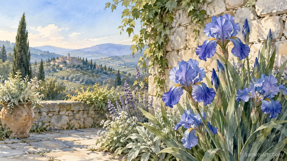 Blue irises beside a stone garden wall – botanical watercolor Samsung Frame TV art, 4K