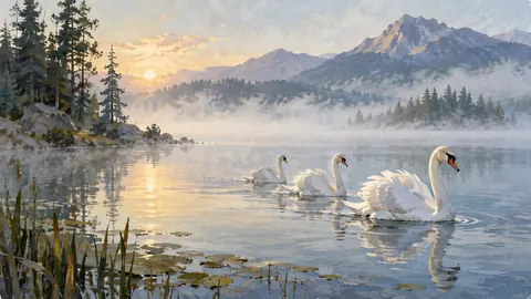 White swans crossing a misty lake – naturalist gouache Frame TV art