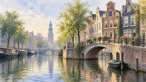 Canal houses beside a narrow stone bridge – architectural watercolor Frame TV art
