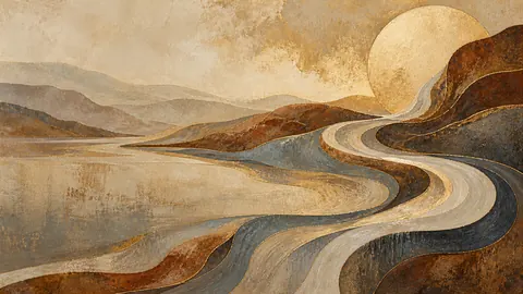 Flowing riverlike bands across open space – earth-tone textured abstraction Frame TV art