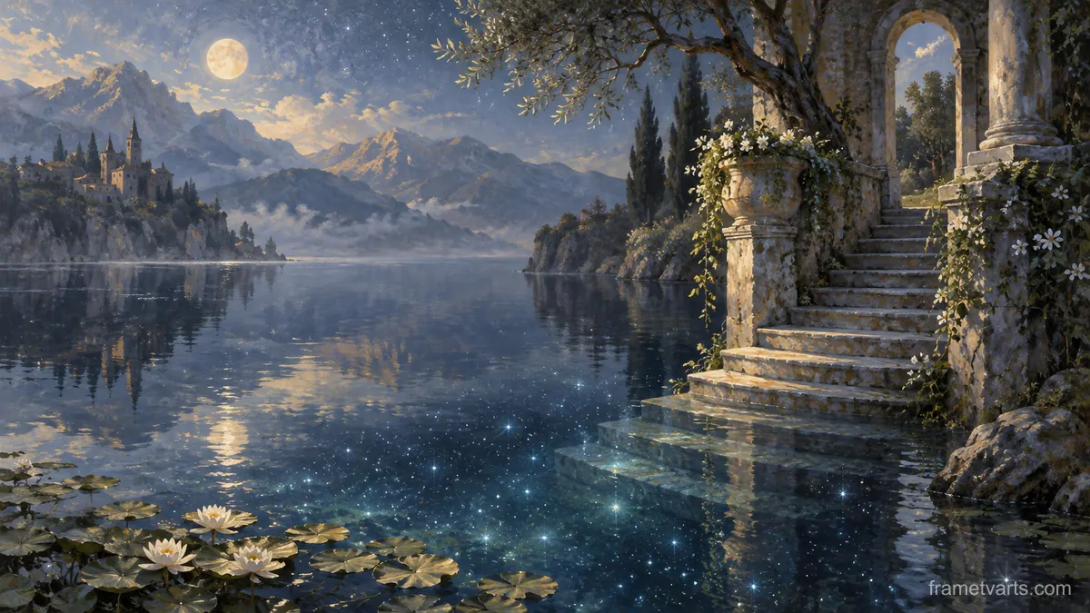 Moonlit staircase leading into a starry lake – magical realist oil painting Samsung Frame TV art, 4K