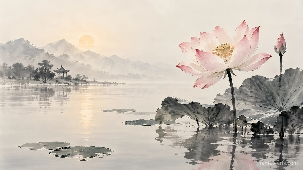 Lotus flower above still water – minimal ink and wash Samsung Frame TV art, 4K