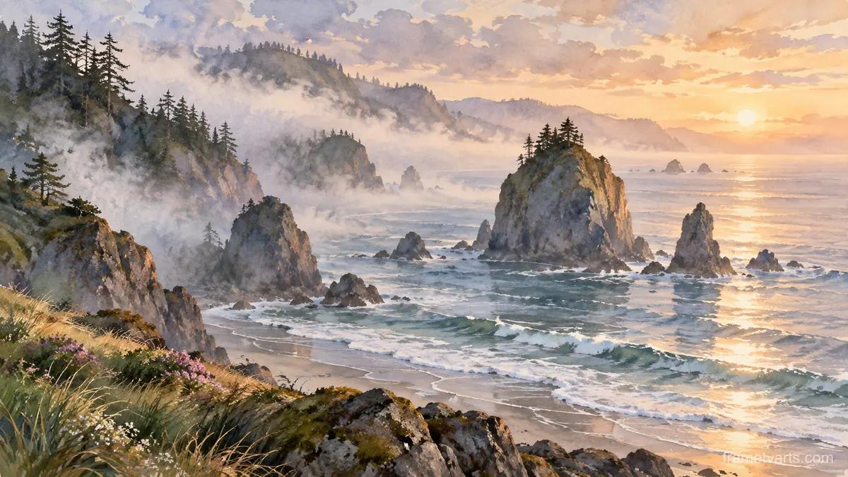 Sea stacks emerging through morning mist – coastal watercolor Samsung Frame TV art, 4K