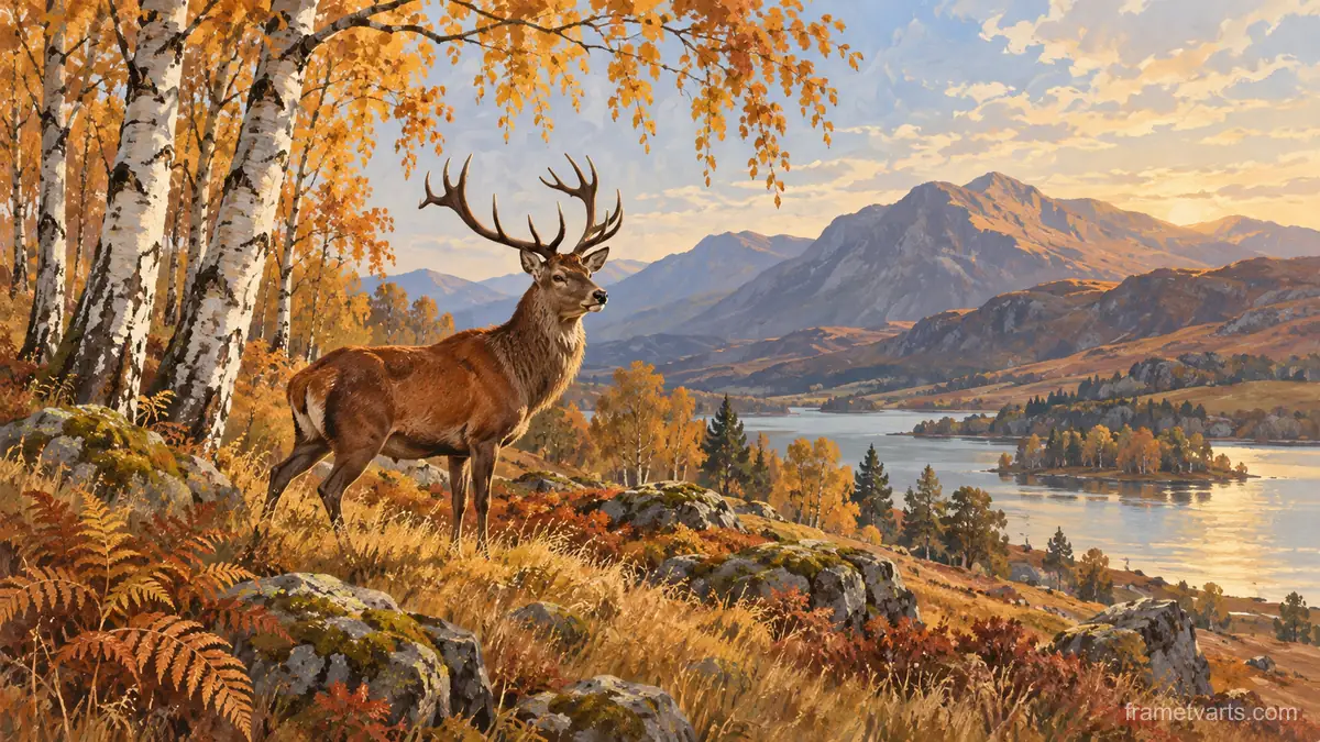 Red deer beneath autumn birches – naturalist gouache Samsung Frame TV art, 4K