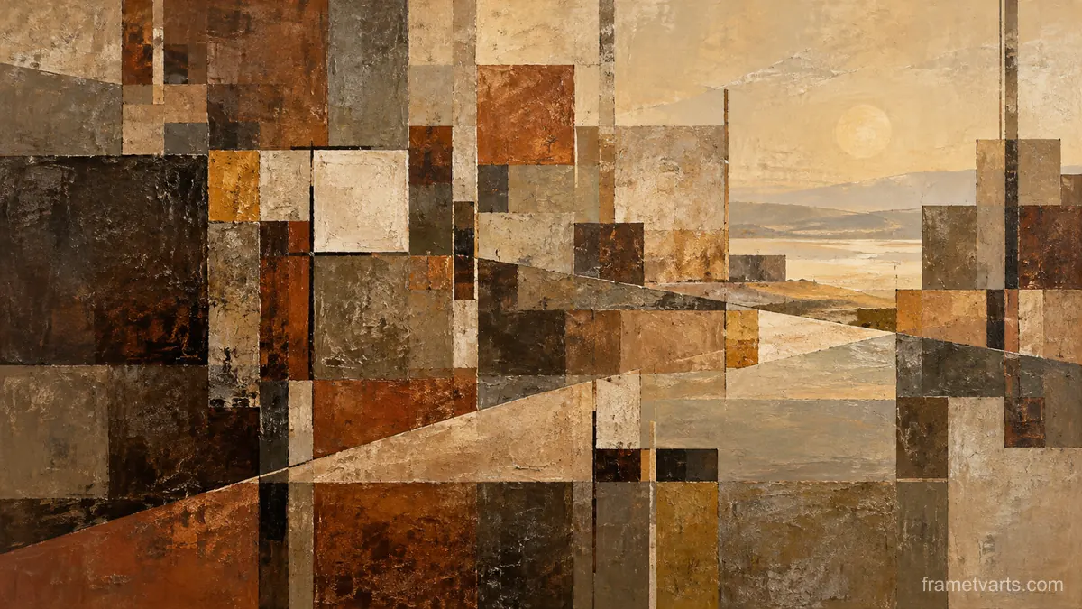 Interrupted grid of squares and narrow rectangles – earth-tone textured abstraction Samsung Frame TV art, 4K