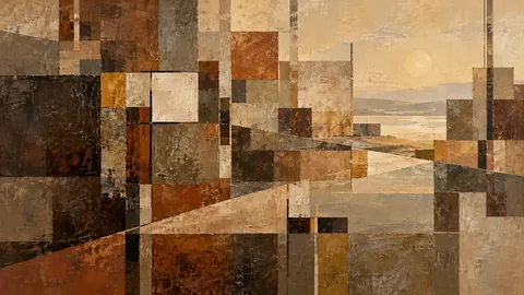 Interrupted grid of squares and narrow rectangles – earth-tone textured abstraction Frame TV art