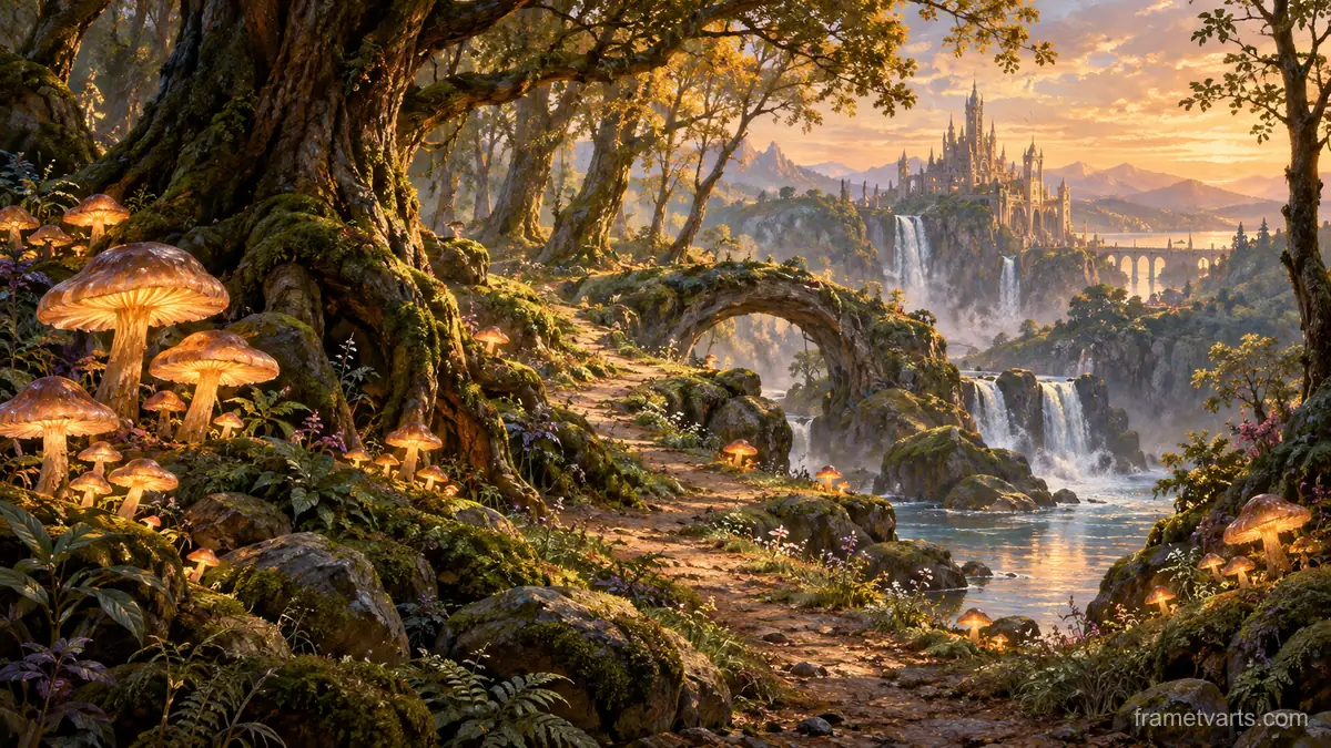 Enchanted forest with luminous mushrooms – magical realist oil painting Samsung Frame TV art, 4K