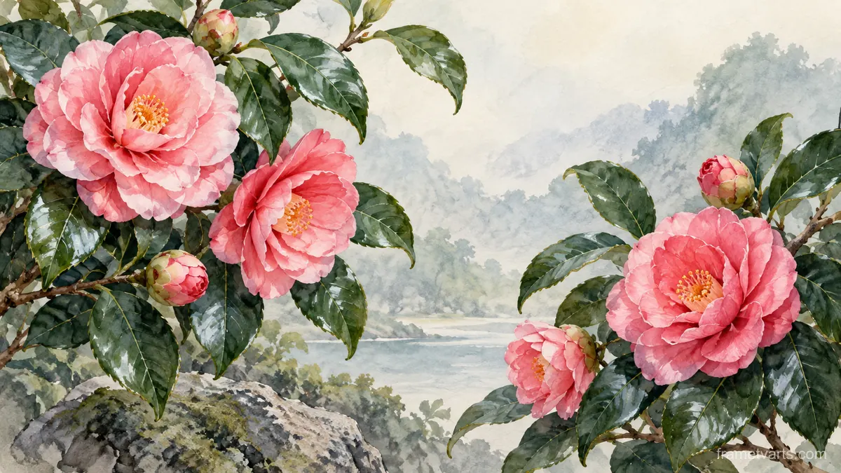 Pink camellias above glossy leaves – botanical watercolor Samsung Frame TV art, 4K