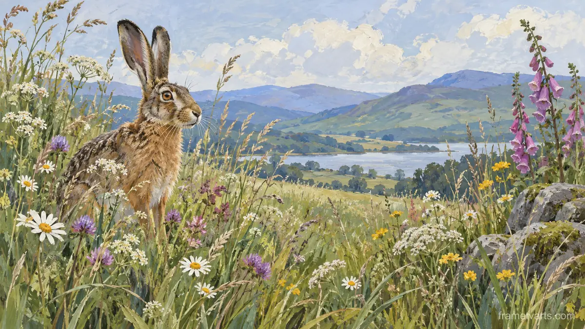 Hare among flowering meadow grasses – naturalist gouache Samsung Frame TV art, 4K