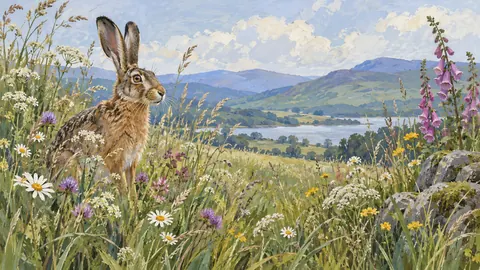 Free Hare among flowering meadow grasses – naturalist gouache Frame TV art