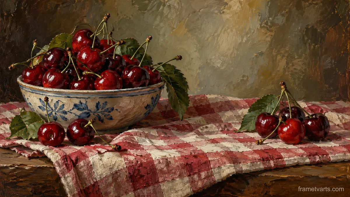 Cherries on a folded checked cloth – classical oil still life Samsung Frame TV art, 4K