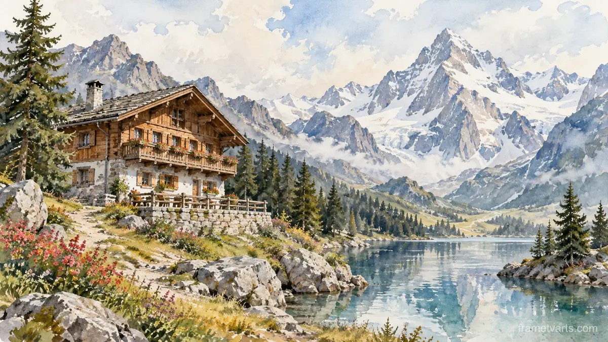 Alpine timber chalet beneath mountain peaks – architectural watercolor Samsung Frame TV art, 4K