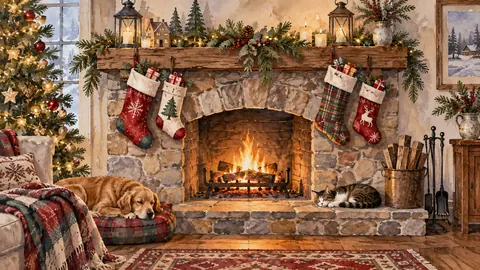 Christmas stockings above a stone hearth – elegant watercolor Frame TV art