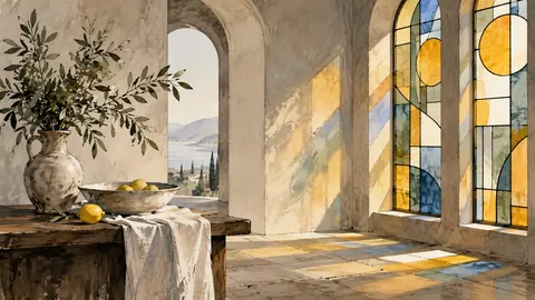 Sunlight through simple stained glass without figures – minimal ink and wash Frame TV art