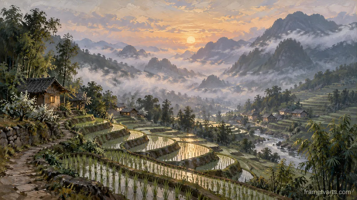 Terraced rice valley in morning mist – tonal oil painting Samsung Frame TV art, 4K