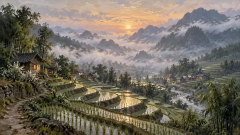 Terraced rice valley in morning mist – tonal oil painting Frame TV art