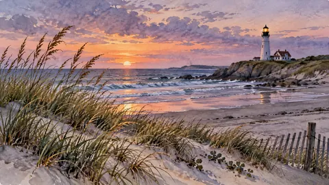 Dune grass and a distant lighthouse – coastal watercolor Frame TV art
