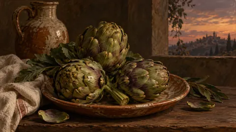 Artichokes and an earthenware plate – classical oil still life Frame TV art
